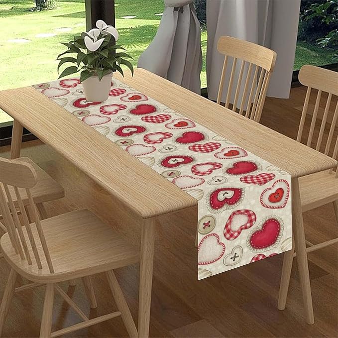 Red Heart Table Runner, Retro Rustic Beige Heart Buttons Polka Dot Valentines - Image 3