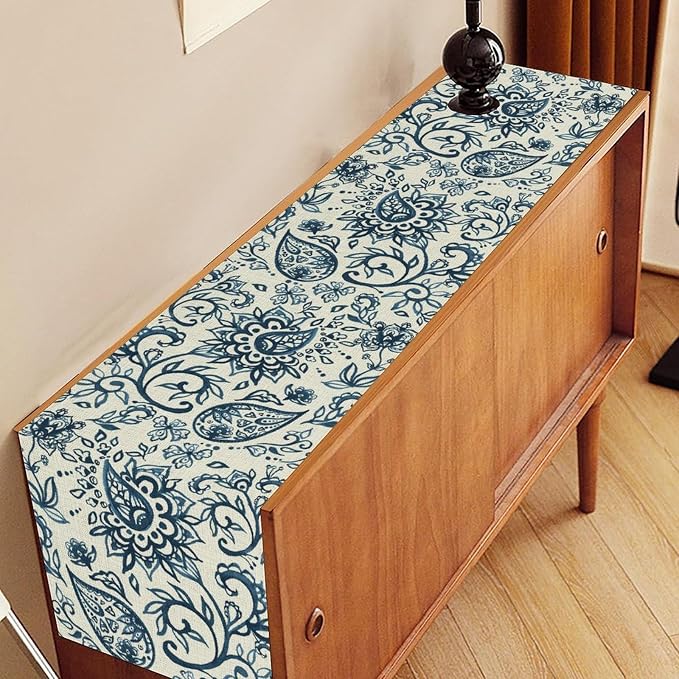 Blue Paisley Table Runner, Vintage Damask Antique Floral Flower Boho Damask - Image 3
