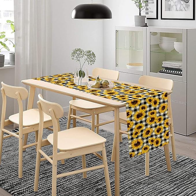 Summer Sunflower Table Runner, Sunshine Seasonal Buffalo Plaid Table Runner - Image 2