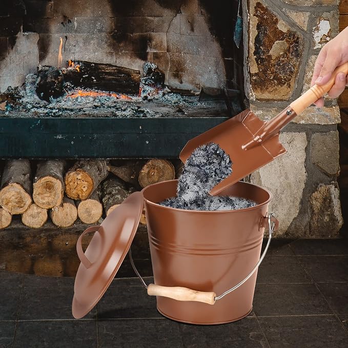 Mini Ash Bucket with Lid, 1.5-Gallon Pail with Shovel and Hand Broom, Metal - Image 2