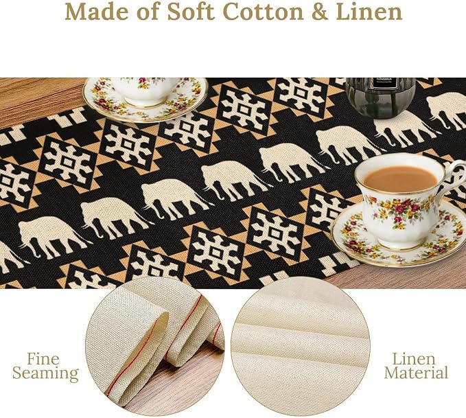 African Table Runner, African Art Elephants Geometric Tribal Ethnic Table Runner - Image 4