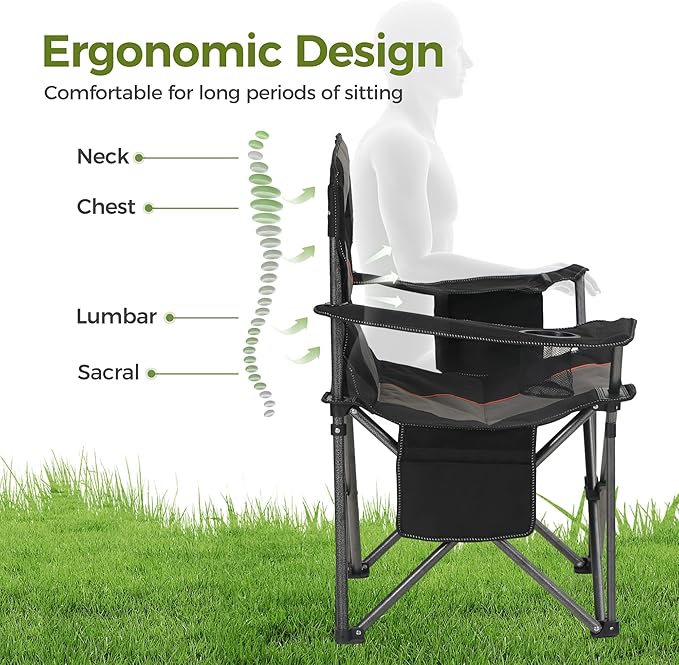 Black Camping Chair with Cooler Bag and 500 lb Capacity
