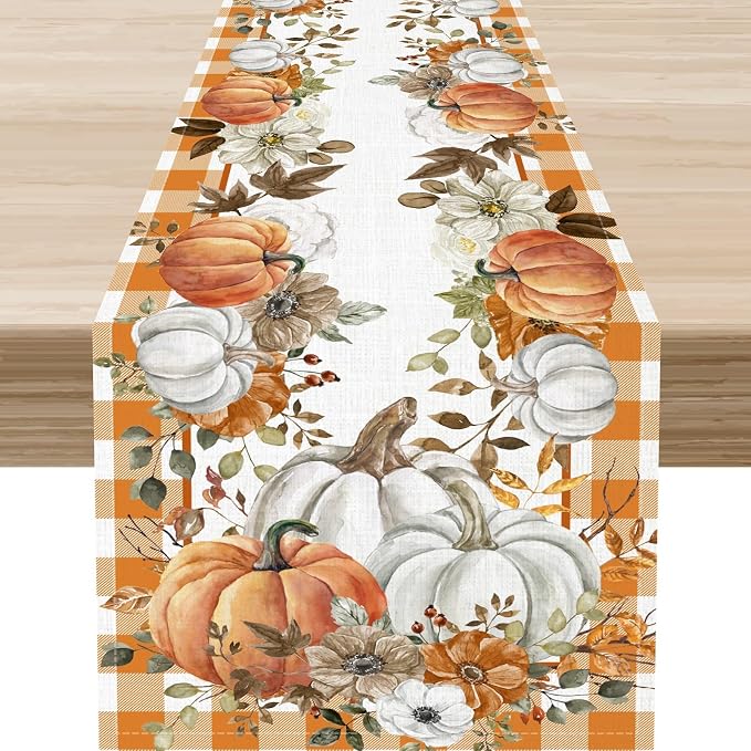 Fall Table Runner, Farmhouse Autumn Pumpkin Harvest Orange Buffalo Plaid by Unknown