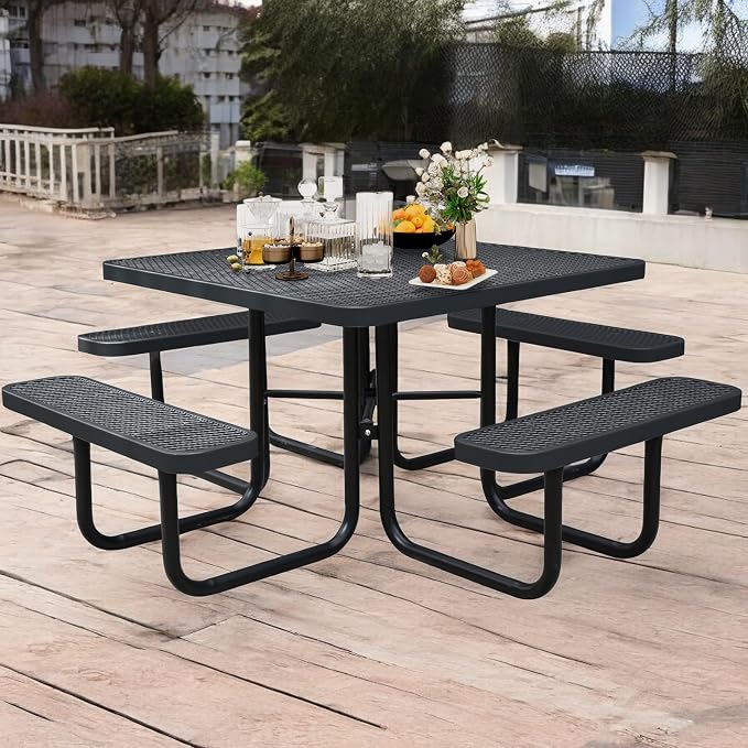 46" Square Picnic Table W/Benches, Heavy Duty Metal Picnic Table Set - Image 7