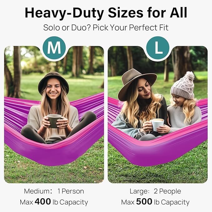 Double Camping Hammock, 500 lb Nylon with Tree Straps, Violet Pink