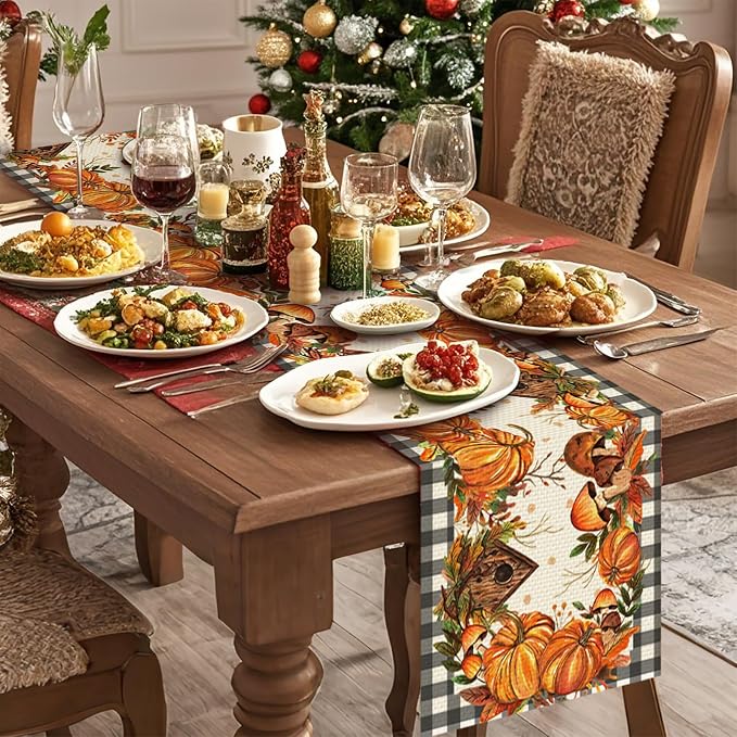 Pumpkin Burlap Table Runner Seasonal Spring Fall Kitchen Dining Linen Table - Image 3