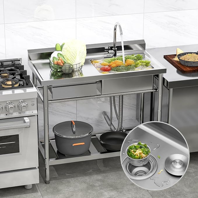 Stainless Steel Utility Sink, Cold and Hot Water Pipe, Indoor and Outdoor - Image 2