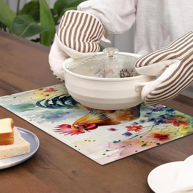 6 Pcs Placemats, Chicken Placemat, Flower Field Table Mats Washable Recyclable - Image 4