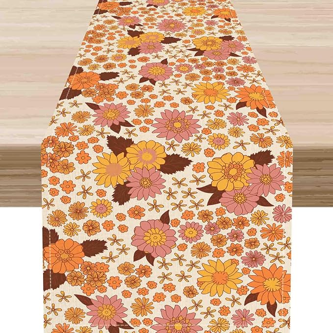 Groovy Floral Table Runner, Retro 70s Hippie Floral Funky Orange Floral Trippy by Unknown