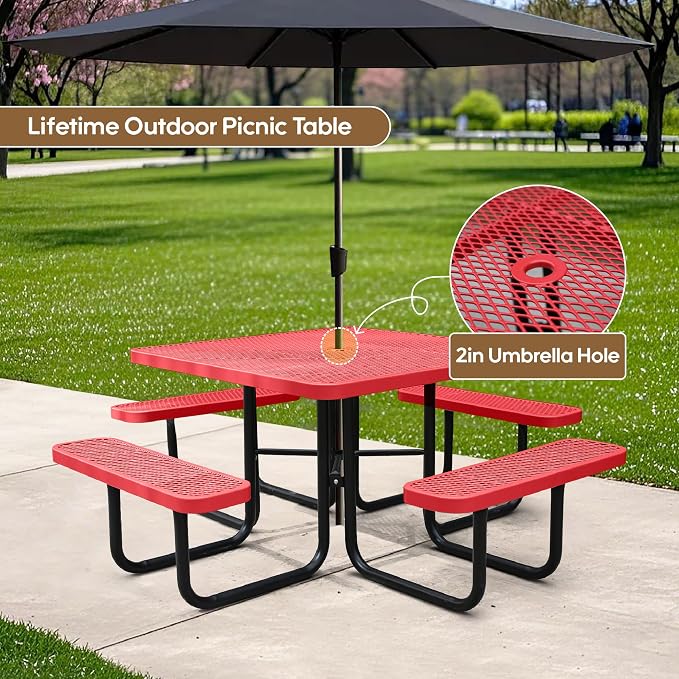 46" Square Picnic Table for Outside, Heavy Duty Metal Picnic Table Bench Set - Image 3