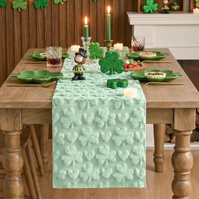 Artoid Mode Sage Green Soft Plush Faux Fur Jacquard Heart Clover St. Patrick's - Image 2