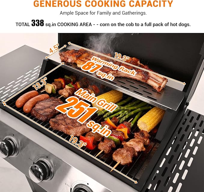 Stainless Steel 3-Burner Gas Grill, 25650 BTU Outdoor BBQ Grill - Image 4