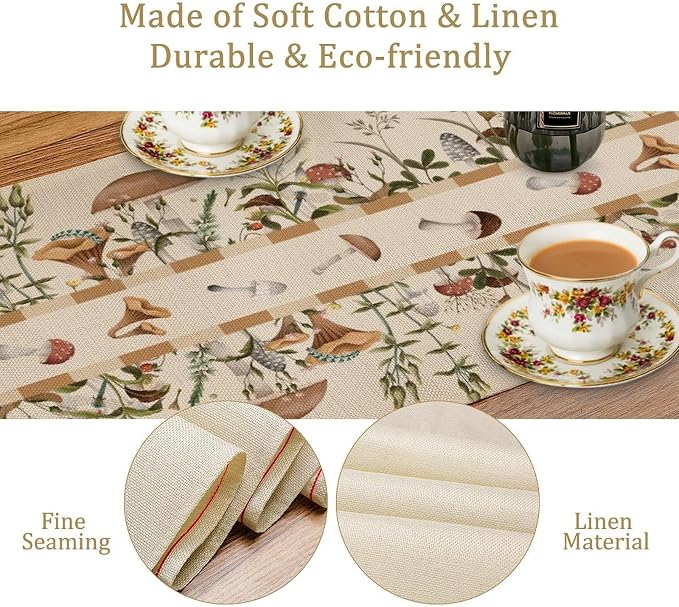 Wild Mushroom Table Runner, Retro Floral Plants Botanical Print Table Cover - Image 6