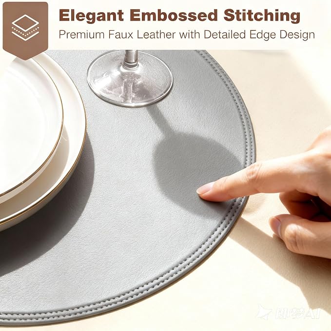 Round Vinyl Gray Placemats Set of 6, Faux Leather Waterproof Wipeable Heat - Image 2