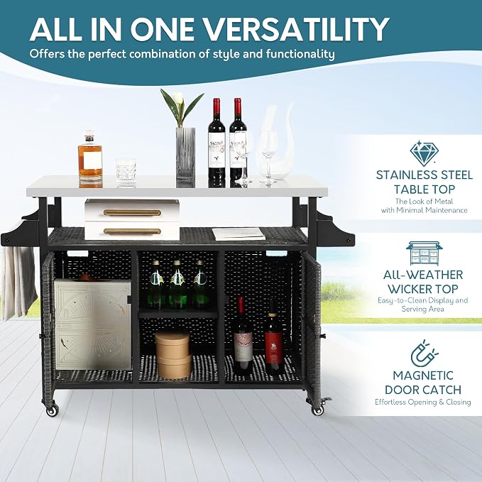 Outdoor Wicker Grill Cart with Storage Cabinet, Outdoor Moveable Bar with - Image 2