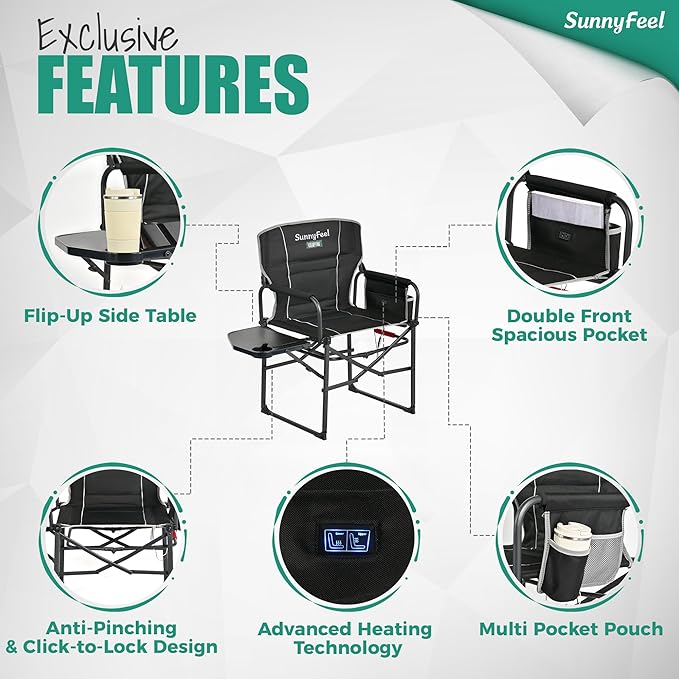 Chairs: Heated Folding Camp Chair with Side Table, Black