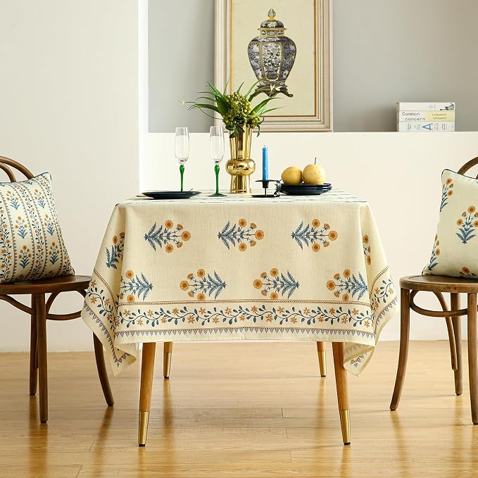 ISAENNE Designer French Pale Yellow Square Tablecloth, Linen Floral Table Cloth - Image 3