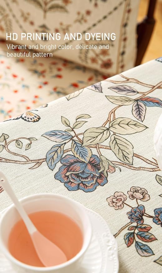 ISAENNE Designer French Light Beige Small Square Tablecloth, Linen Florals and - Image 4