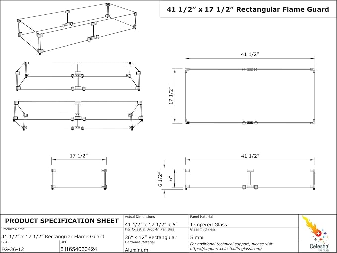 Celestial 41.25" x 17" x 6" Wind Guard, fits Celestial 36” x 12” Fire Pit - Image 6