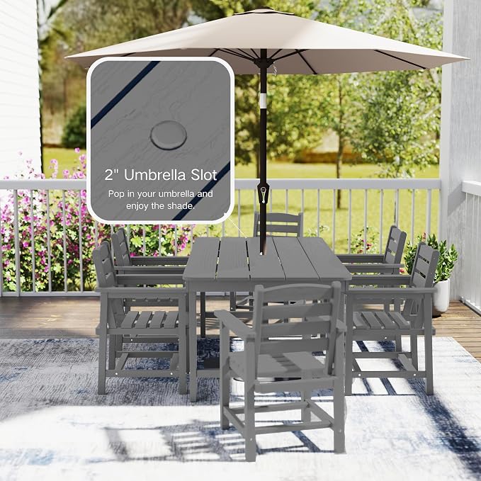 7 Piece Patio Dining Set with 11ft Patio Umbrella, 7 Gray Outdoor HDPE Dining - Image 7