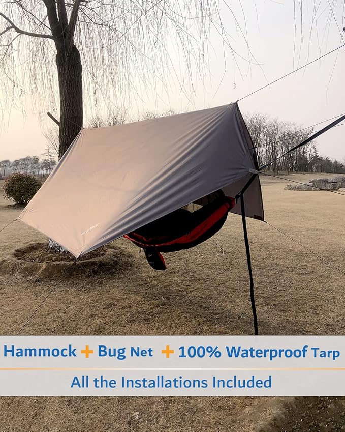 Hammock with Rain Fly and Insect Net, 118 x 78 in, Red/Black