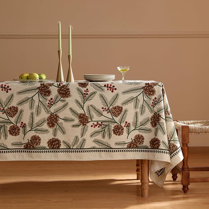 ISAENNE Designer Christmas Beige Linen Extra Long Tablecloth Rectangle - Image 2