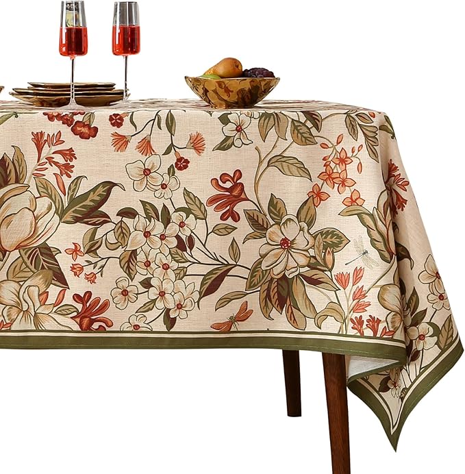 ISAENNE Designer Bohemian Linen Long Tablecloth Rectangle, Colorful Floral by Isaennehomedecoration
