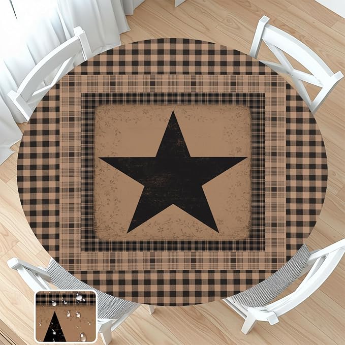 Western Texas Star Round Fitted Tablecloth by Unknown