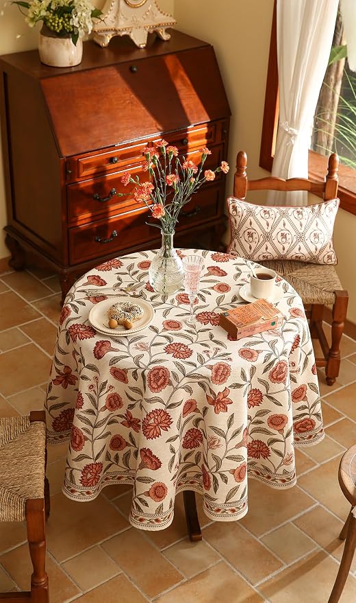 ISAENNE Designer French Small Round Tablecloth, Linen Orange Floral Pattern - Image 8