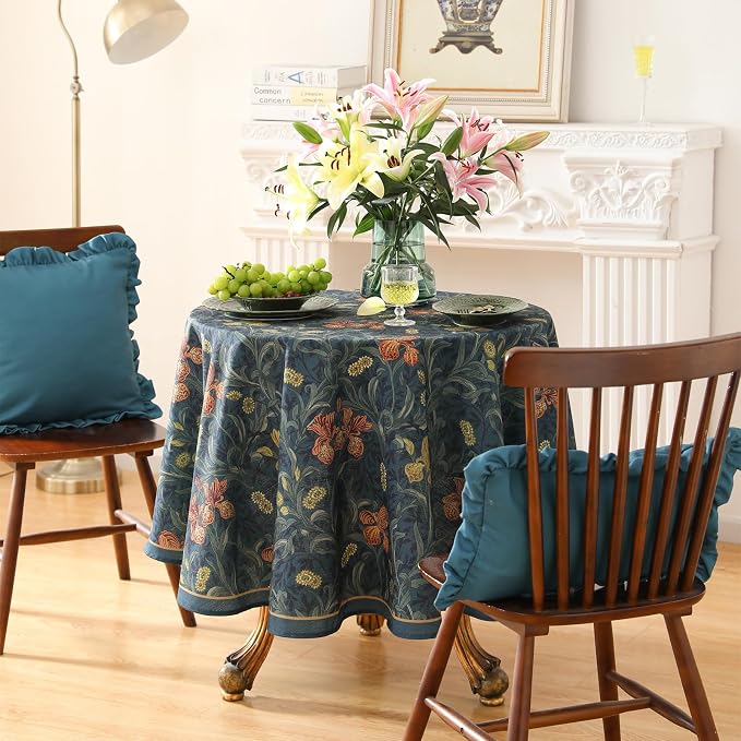 patdrea Designer Vintage Dark Blue Linen Round Tablecloth, French Rustic Floral - Image 8