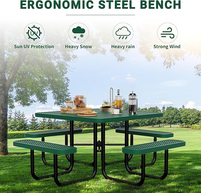 46" Square Picnic Table for Outside, Heavy Duty Metal Picnic Table Bench Set - Image 5