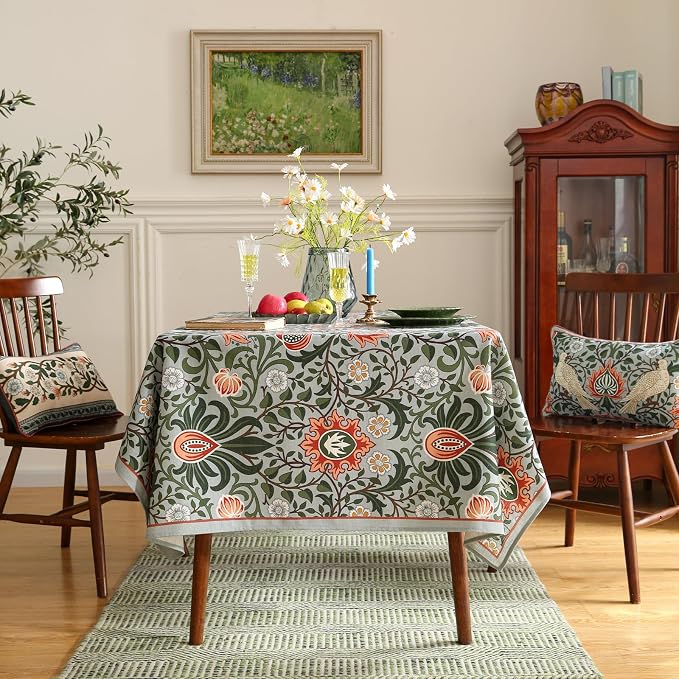 ISAENNE Designer Bohemian Linen Green Small Square Tablecloth, Floral Indoor - Image 3