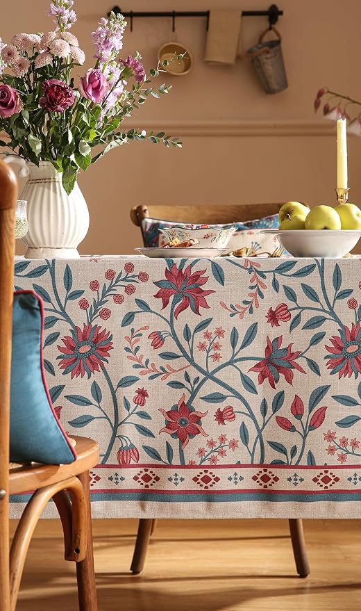 Designer Linen Square Red Tablecloth, Vintage William Morris Wrinkle Resistant - Image 8