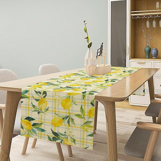 Yellow Plaid Lemon Table Runner Nature Watercolor Plant Countryside Farm Fruit - Image 2