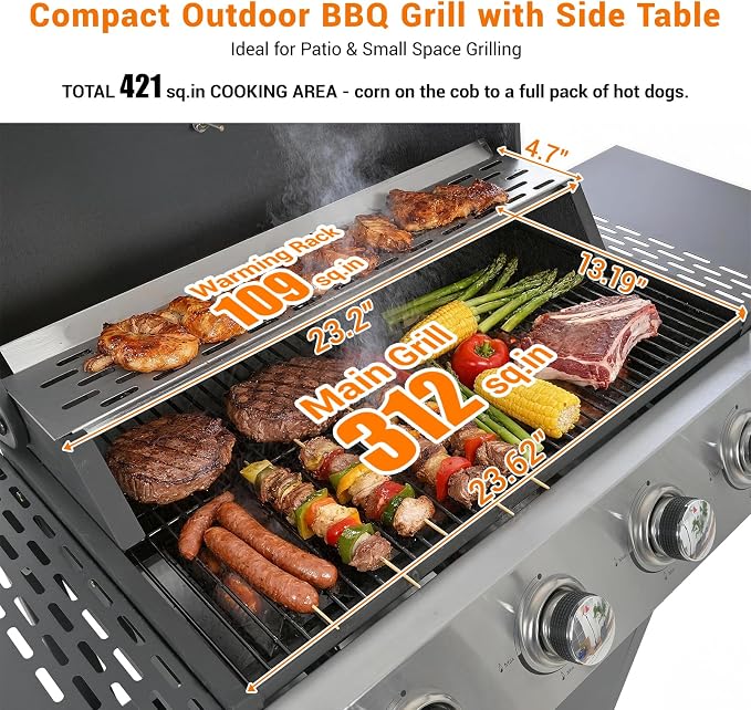 4-Burner Stainless Steel Gas Grill | 34, 000 BTU Total Output & 421 sq.in - Image 4