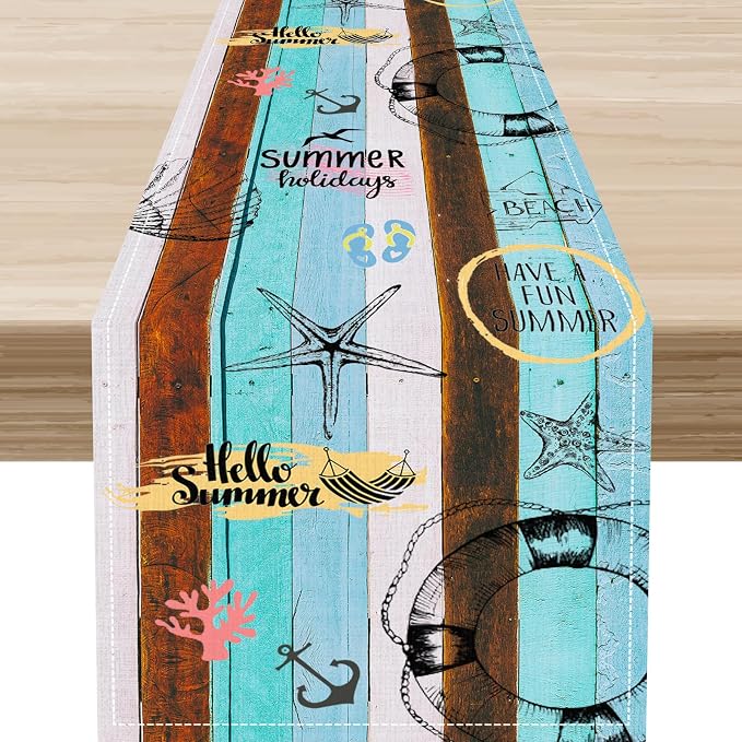 Retro Summer Table Runner, Coastal Starfish Beach Seashell Ocean Nautical by Unknown