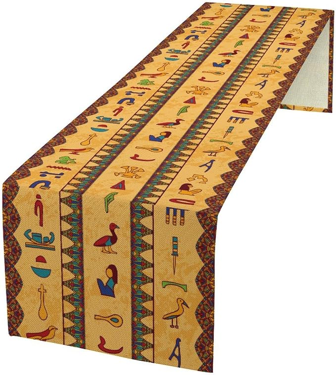 Egyptian Table Runner, Colorful Ancient Egyptian Hieroglyphs Floral Geometric by Unknown