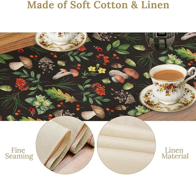 Mushroom Table Runner, Rustic Farmhouse Forest Plants Botanical Wild Floral - Image 5