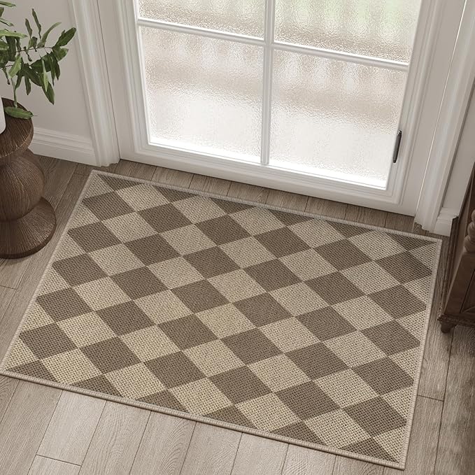 Easy Jute Checkered Entryway Rug, 2x3 Brown Modern Indoor Outdoor Doormat by Rugalia