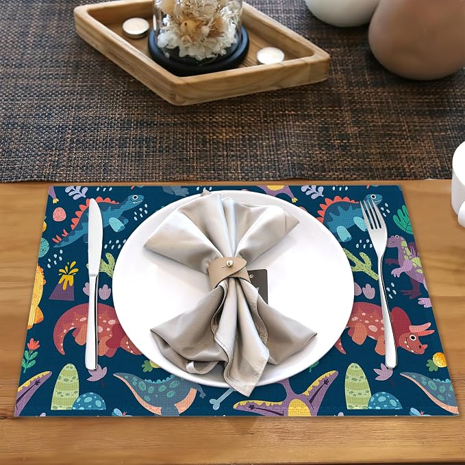 Dinosaur Placemats Set of 6, Cute Tropical Leaves Heat Resistant Table Mats - Image 5