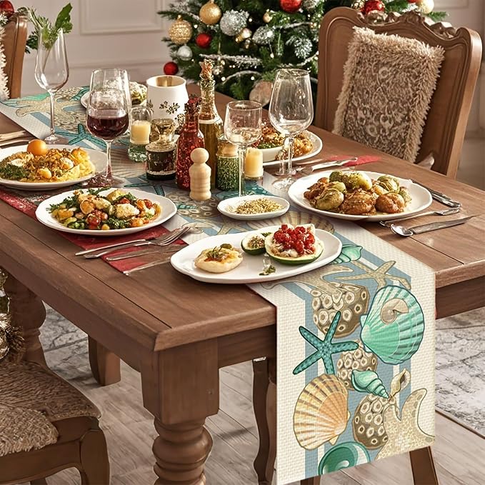 Sea Shell Table Runner Seasonal Spring Fall Kitchen Dining Linen Table - Image 3