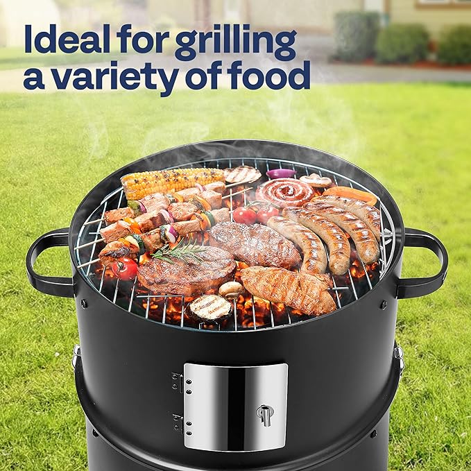 Vertical Charcoal Smoker, 3 Chambers, Black Alloy Steel