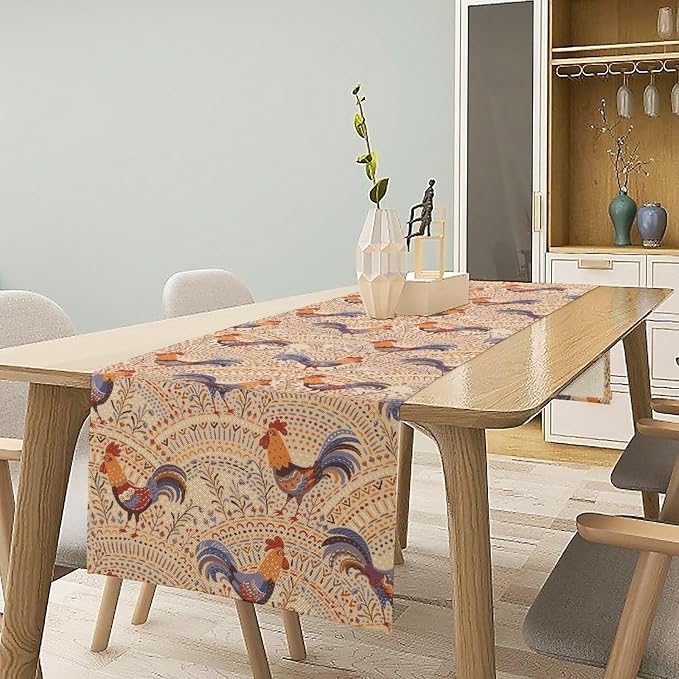 Cute Roosters Table Runner, Boho Rustic Cock Chicken Vintage Arch Floral Plants - Image 2