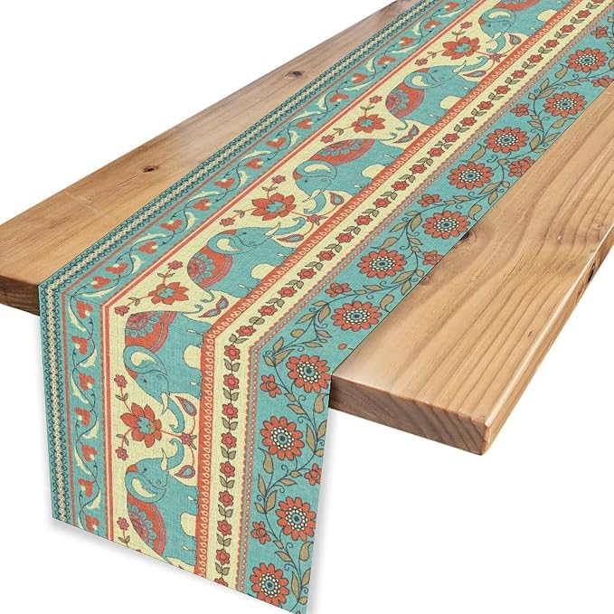 Boho Table Runner, Rustic African Tribe Indian Elephant Diwali India Ethnic - Image 4