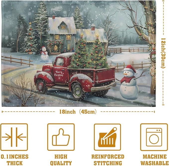 Red Truck Xmas Tree Snowman Christmas Placemats Set of 4 Winter Snowflake - Image 4