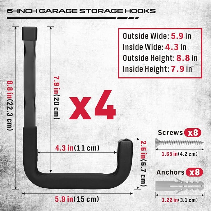 SEDY Heavy Duty Garage Storage Hook: 4-Piece 6" Wall Mount J Utility Hooks - Image 2