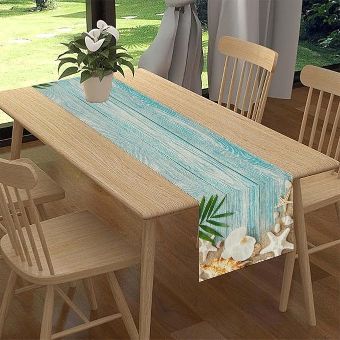 Blue Wooden Starfish Table Runner, Turquoise Tropical Summer Sandy Ocean Beach - Image 2