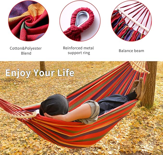 Hammock in Red, 106 x 59 Inch, with Tree Straps and Wooden Rods