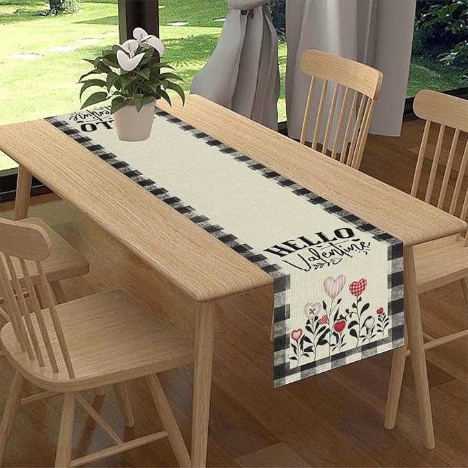Valentines Day Table Runner, Vintage Rustic Black White Red Heart Buffalo Plaid - Image 3