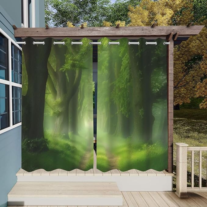 Forest Theme Waterproof Indoor/Outdoor Curtains, Dawn Trees Jungle Pattern - Image 3